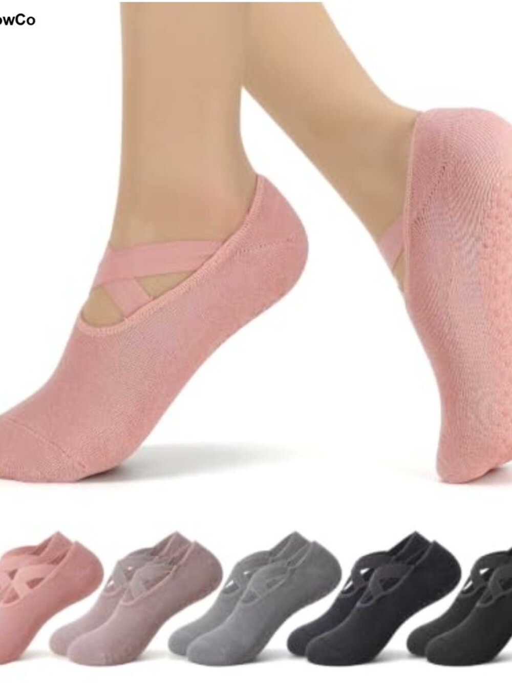 5 Pairs Pilates Socks with Grips X-Cross Straps Cotton Blend
